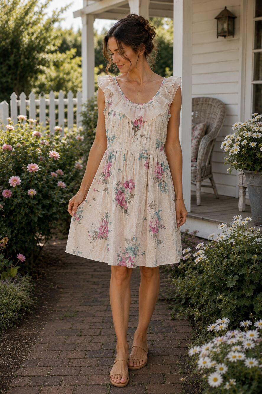 Vintage Handmade Floral Prairie Dress Small Ruffle Pintuck Cottagecore Romantic